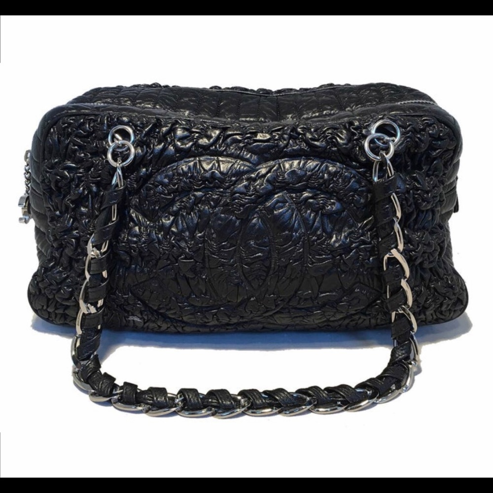 CHANEL Black Ruched Astrakhan Bowler Bag.